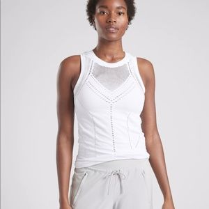 ATHLETA Bright White Open Knit Oxygen Tank Top Cutout Sheer V-Neck Size M